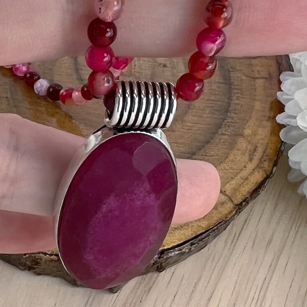 Ruby Tourmaline Pendant Solid Sterling Silver 925 and 4mm Agate Necklace New - Picture 4 of 6